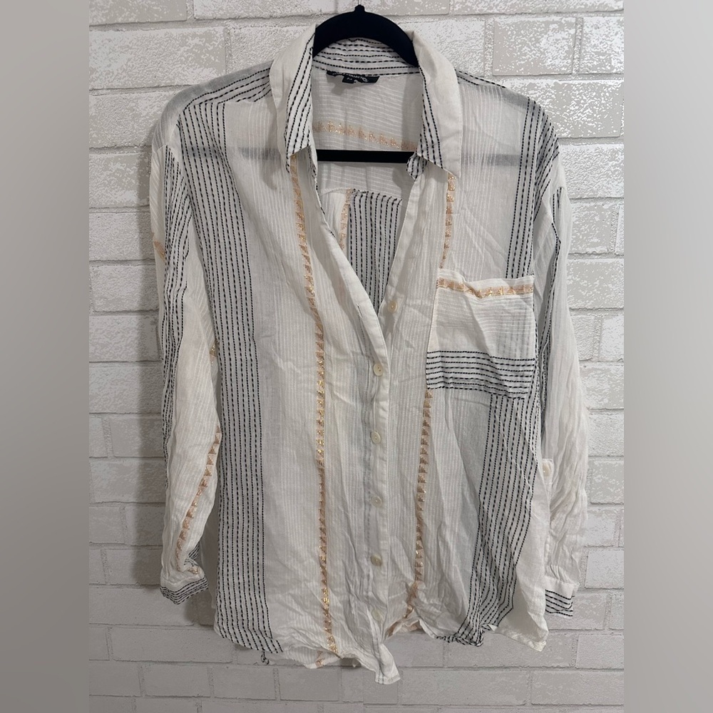 Club Z Collection Women's Chic striped button Down Shirt Cream Black Gold #1973